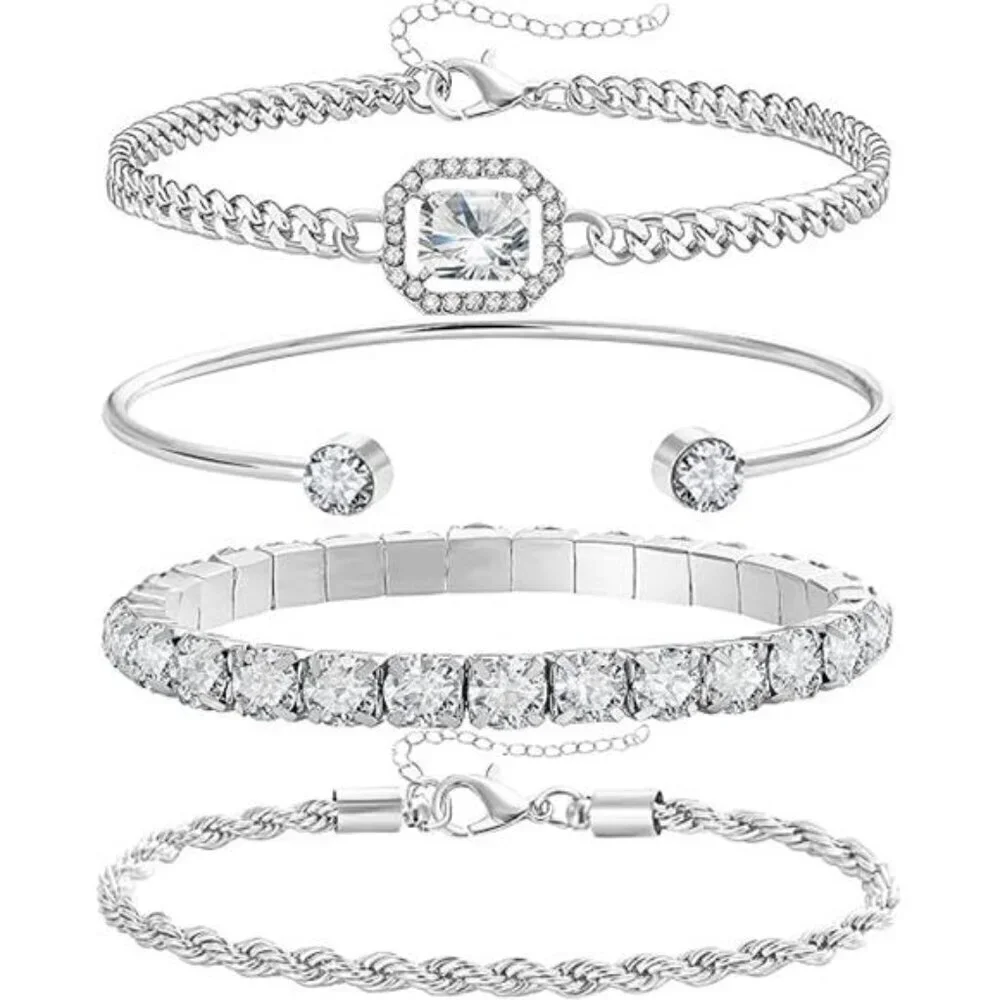 4 Piece Silver Bracelets Set Dainty for Women 14K Plated Link Cubic Zirconia